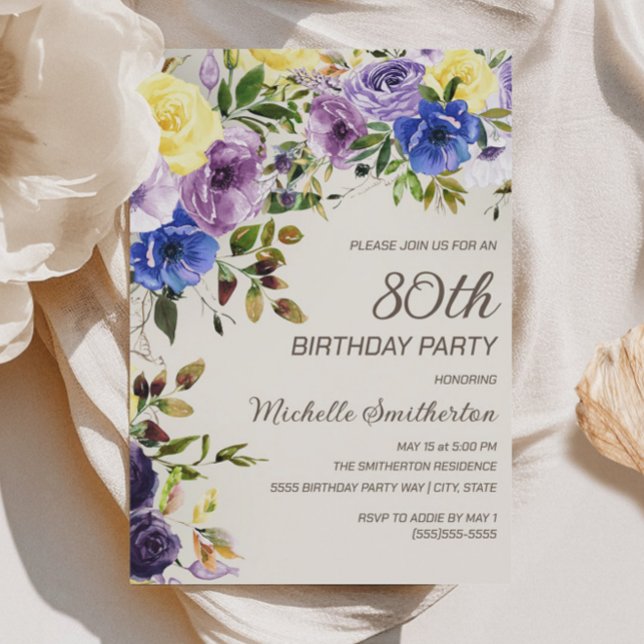 Purple Yellow Watercolor Floral 80th Birthday Invitation (Purple and yellow watercolor floral 80th birthday party invitation)