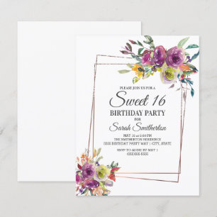 Purple Yellow Watercolor Floral Geometric Sweet 16 Invitation
