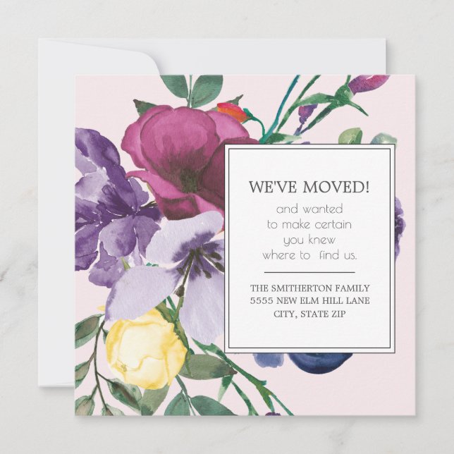 Purple Yellow Watercolor Floral Pink New Address (Front)