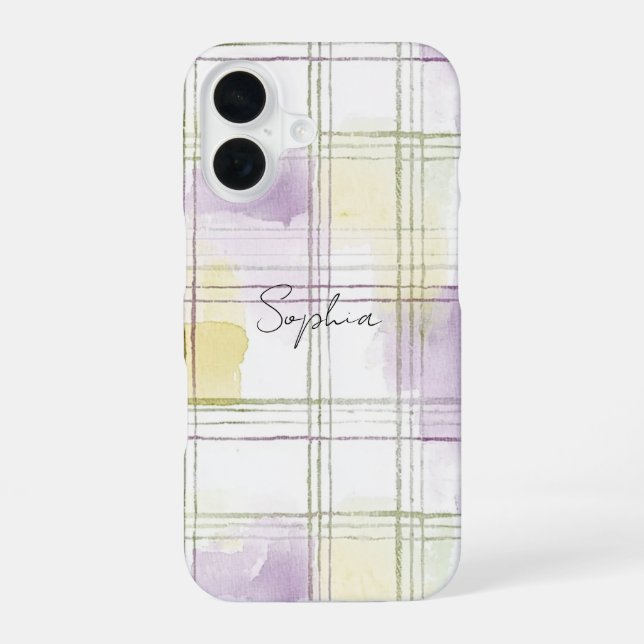 Purple Yellow White Plaid Stripes iPhone 16 Case (Back)