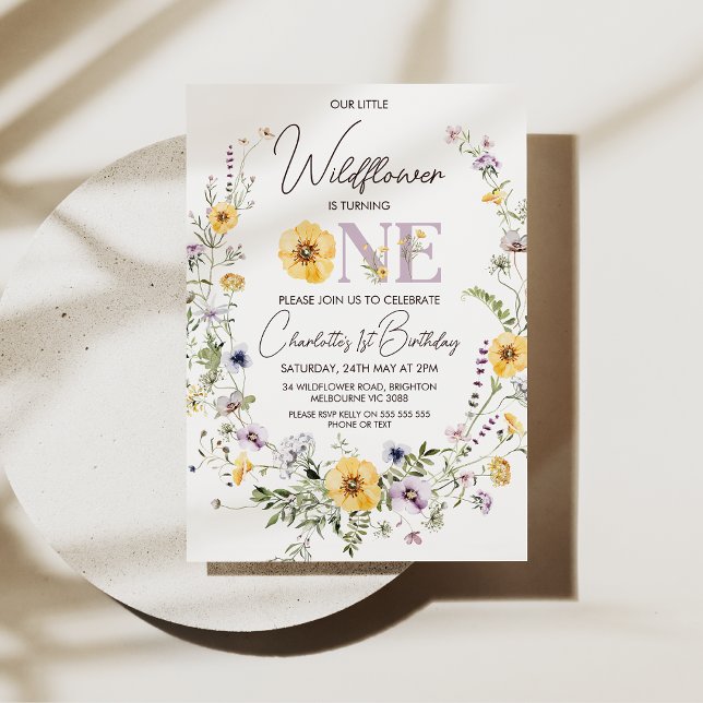 Purple Yellow Wildflowers 1st Birthday Invitation (Purple yellow wildflowers 1st birthday invitation with wreath, calligraphy heading and the word one.)