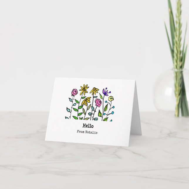 Purple Yellow Wildflowers Personalised Retro Hello Note Card (Front)