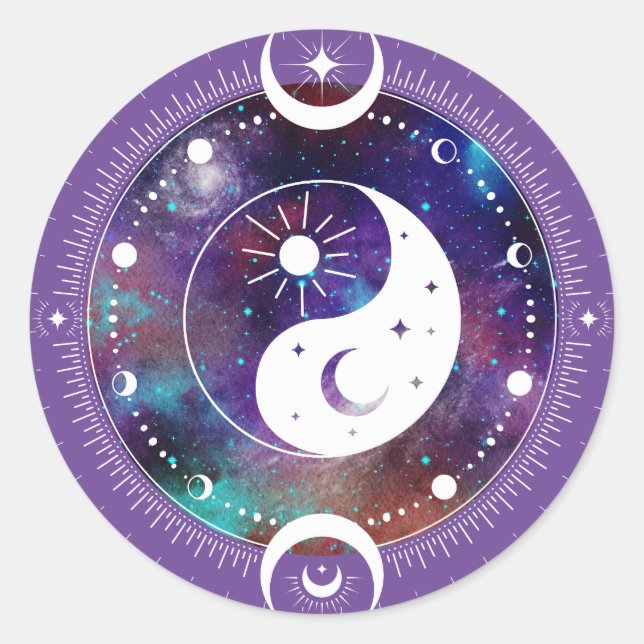 Purple Yin Yang Galaxy and Crescent Moon Mystical  Classic Round Sticker (Front)