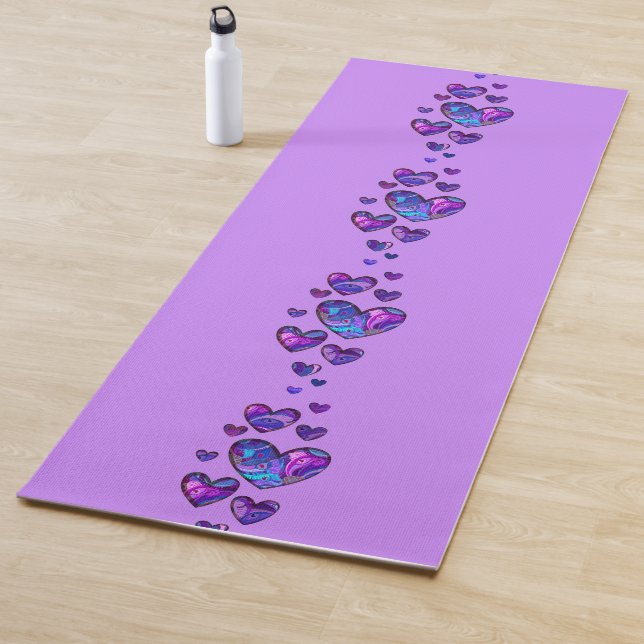 Purple Yoga Mat with Peacock Pattern Hearts (In Situ)