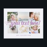 Purple Your custom text 6 photos collage universal Postcard<br><div class="desc">Script with Heart Your custom text 6 photos collage Lavender purple universal Postcard. Personalised 6 family collage photos Universal Greetings Postcards featuring a stylish photo collage with 6 customised images, your greetings message in elegant handwritten script font, your name, date, year, message on the back in a modern and simple...</div>