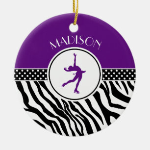 Purple Your Name Zebra Print Figure Skating Ceramic Tree Decoration