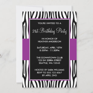 Purple Zebra 21st Birthday Party Invitation