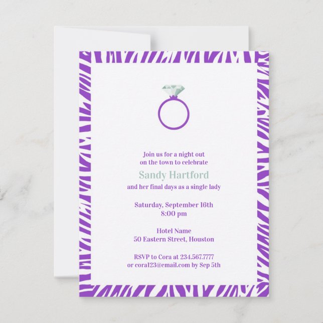 Purple Zebra Bachelorette Party Flat Invitation (Front)