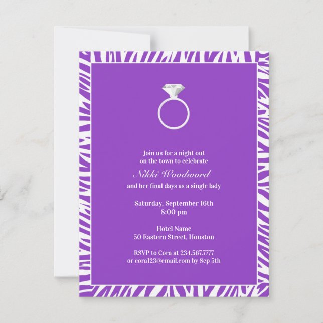 Purple Zebra Bachelorette Party Flat Invitation (Front)