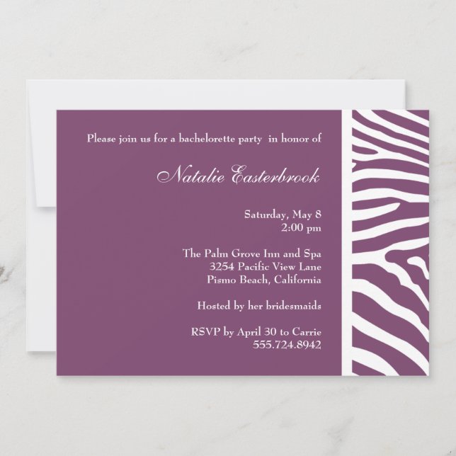 Purple Zebra Bachelorette Party Invitation (Front)