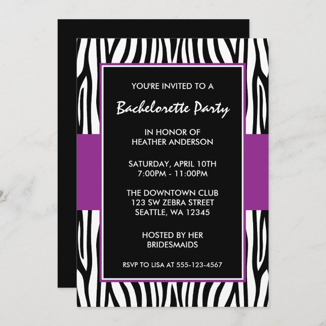 Purple Zebra Bachelorette Party Invitations (Front/Back)