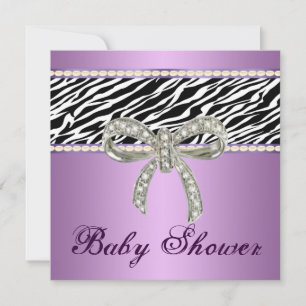 Purple Zebra Diamond Bow Baby Shower Invitation