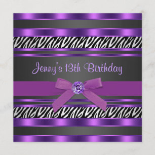 Purple Zebra Girls 13th Birthday Party Invitation