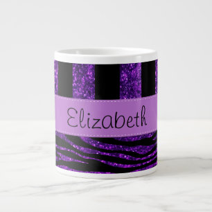 Purple Zebra, Glitter, Purple Stripes, Your Name Large Coffee Mug