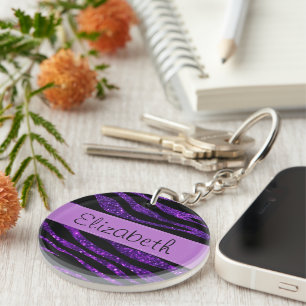 Purple Zebra, Glitter Zebra, Stripes, Your Name Key Ring
