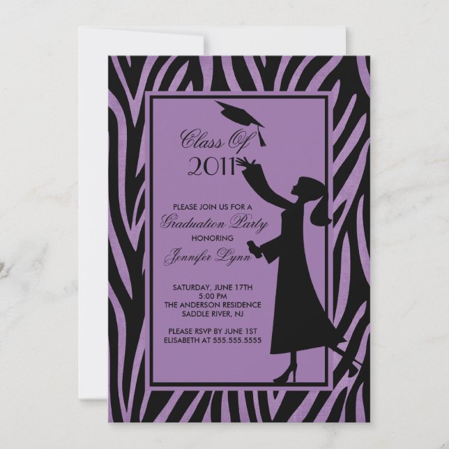 Purple Zebra Graduation Invitation Silhouette Grad (Front)