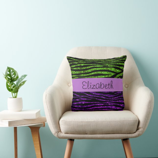 Purple Zebra, Green Zebra, Glitter, Your Name Cushion (Chair)