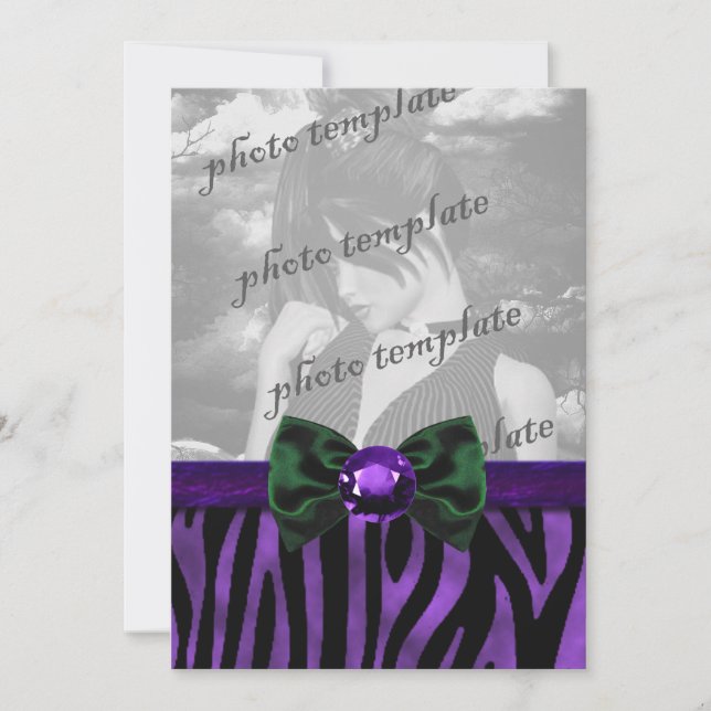 Purple Zebra Jewelled Bow Gothic Invitation (Front)