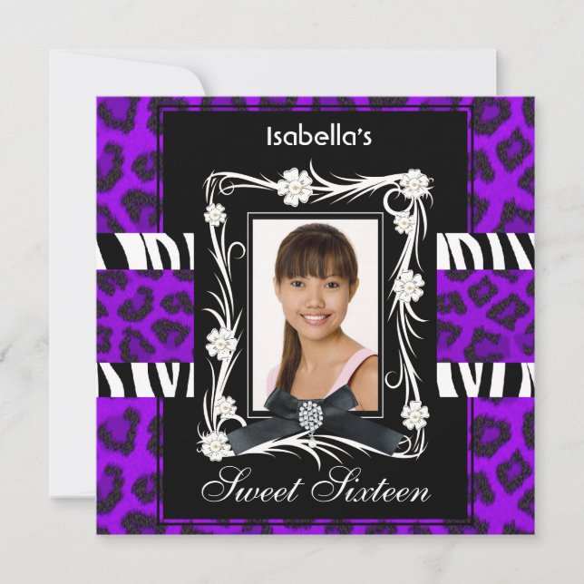 Purple Zebra Leopard Sweet Sixteen 16 Black White Invitation (Front)