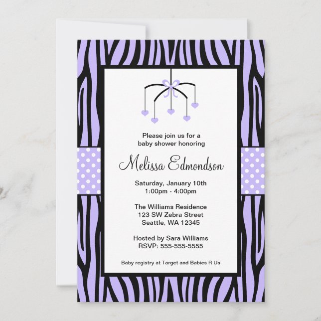 Purple Zebra Mobile Hearts Baby Shower Invitation (Front)