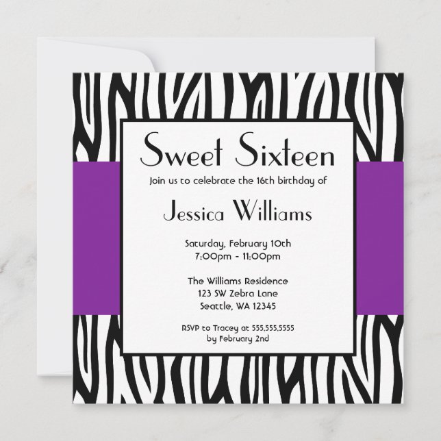 Purple Zebra Modern Sweet 16 Invitation (Front)