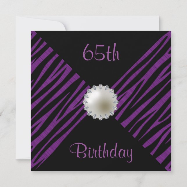 Purple Zebra & Pearl 65th Birthday Invitation (Front)