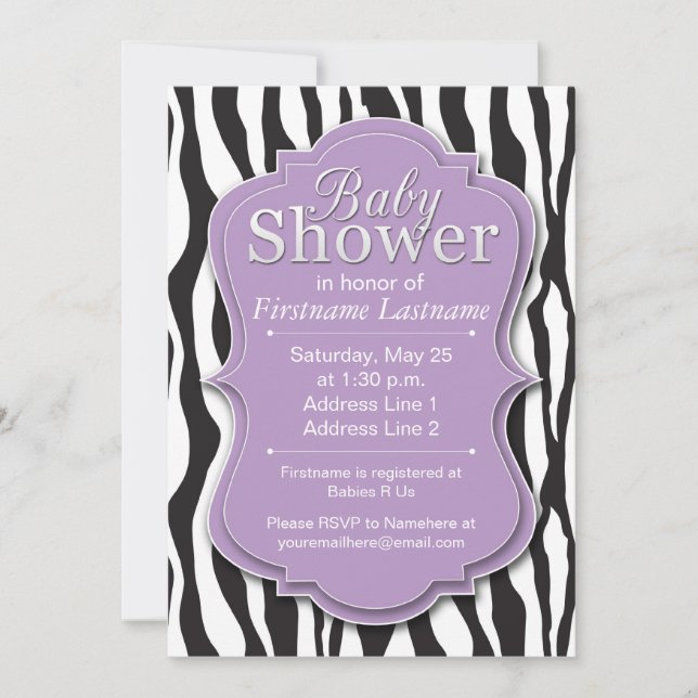 Purple Zebra Print Baby Shower Invitations (Front)