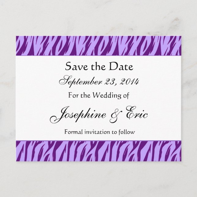 Purple Zebra Print Save The Date Postcard (Front)