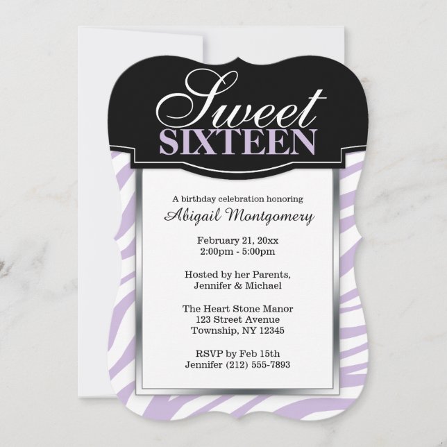 Purple Zebra Print Sweet 16 Birthday Invitations (Front)