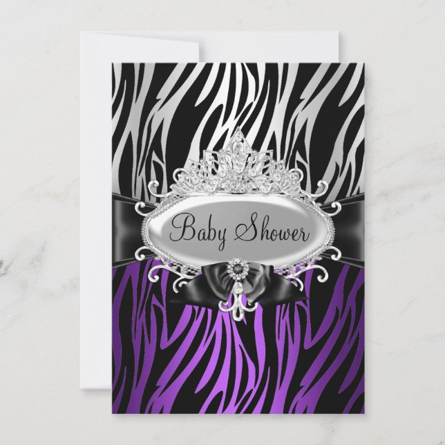 Purple Zebra Print & Tiara Baby Shower Invite (Front)