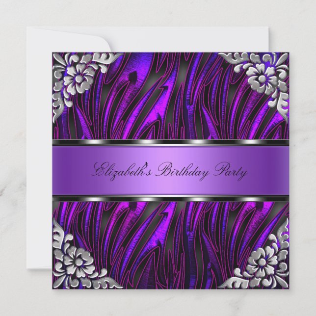 Purple Zebra Silver Floral Birthday Party Invitation (Front)