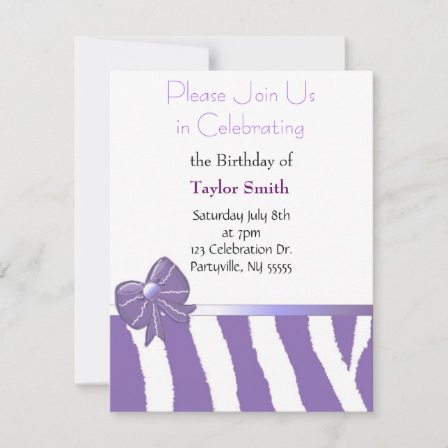 Purple Zebra Sripes Birthday Invitation (Front)