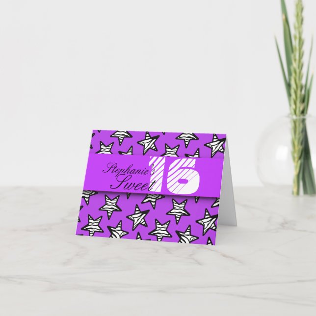 Purple zebra stars Sweet 16 Birthday Card (Front)