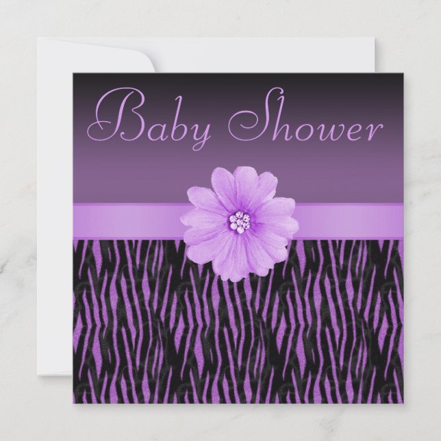 Purple Zebra Stripes & Bling Flower Baby Shower Invitation (Front)