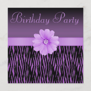 Purple Zebra Stripes Bling Flower Birthday Party Invitation
