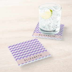Purple Zigzag, Purple Chevron, Your Name Glass Coaster