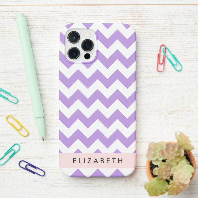 Purple Zigzag, Purple Chevron, Your Name iPhone Case (On Desk)