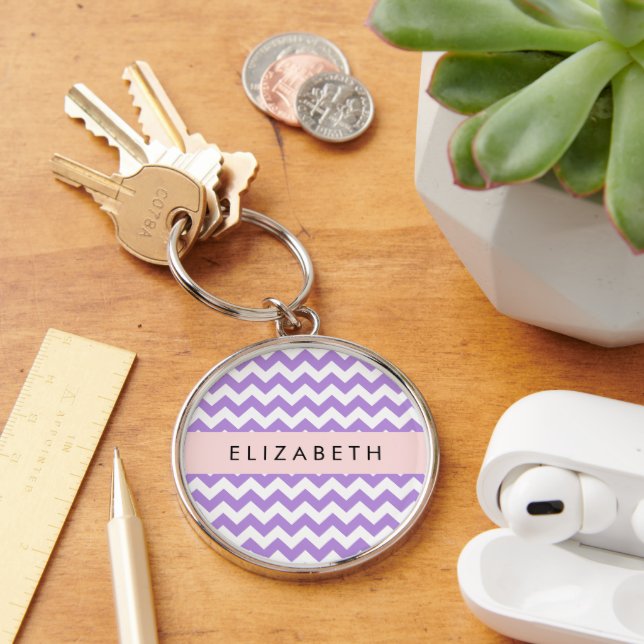 Purple Zigzag, Purple Chevron, Your Name Key Ring (Desk)