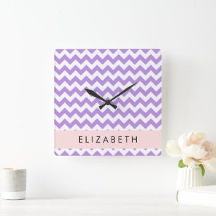Purple Zigzag, Purple Chevron, Your Name Square Wall Clock
