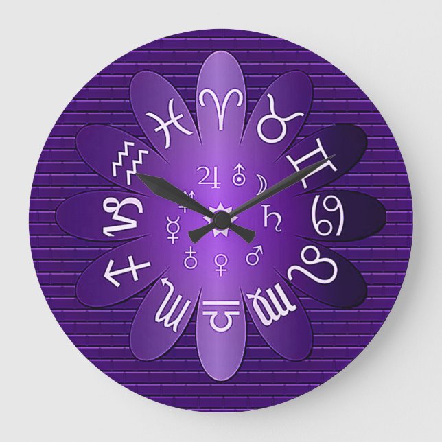 Purple Zodiac Astrology Symbols Wall Clock (Front)