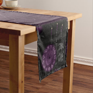 Purple Zodiac Magic   Dark Plum Gothic Skull Roses Short Table Runner