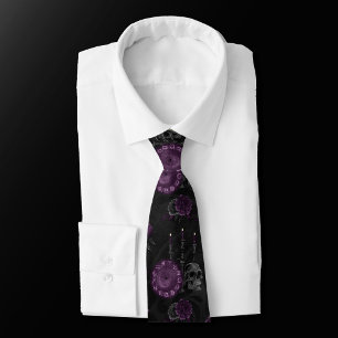Purple Zodiac Magic Dark Plum Gothic Skull Roses Tie