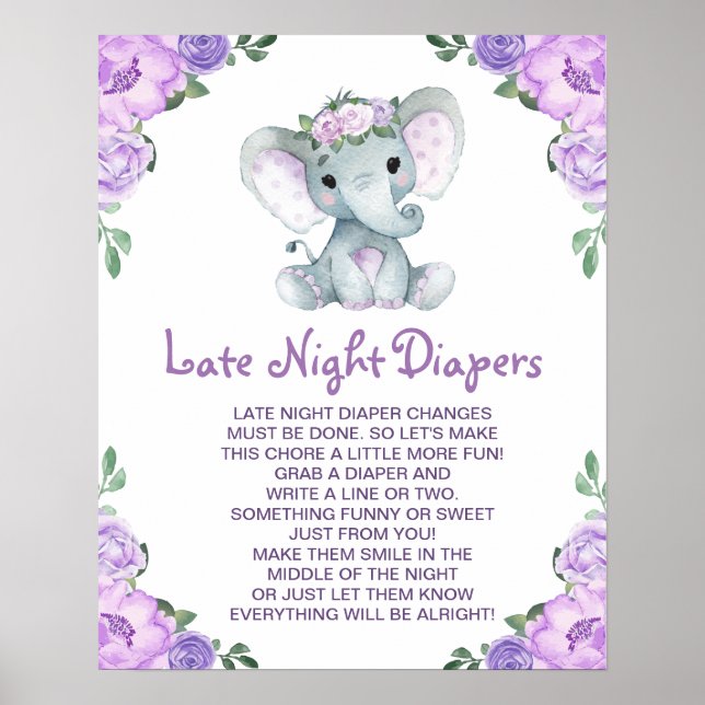 PurpleElephant Late Night Diapers Baby Shower Game Poster (Front)