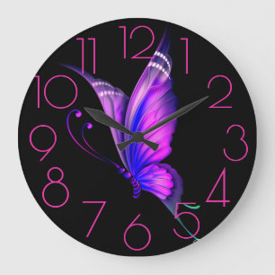 Purples, Pinks Butterfly on a Black Large Clock