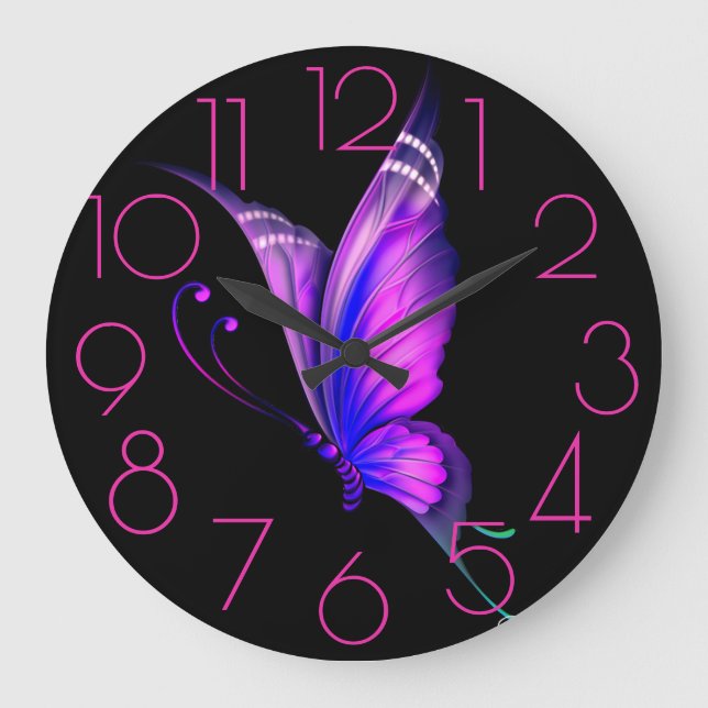 Purples, Pinks Butterfly on a Black Large Clock (Front)