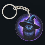 PurpleWitchyCat Key Ring<br><div class="desc">Are you a Witch and a cat lover? You will love this whimsigoth print keychain featuring a witchy black cat surrounded by cosmic stars and a pretty purple background.</div>