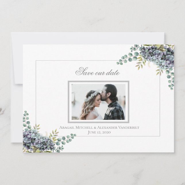 Purplish Hydrangeas Eucalyptus Photo Save The Date (Front)