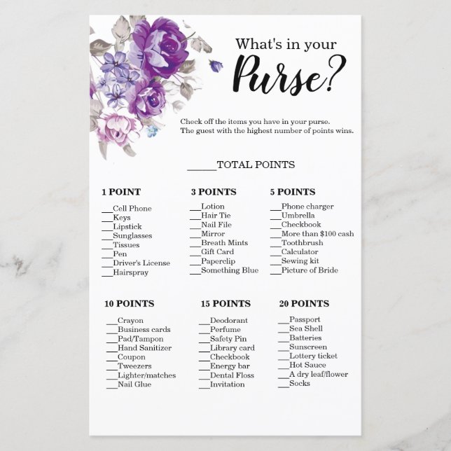 Purplr Floral What's In Your Purse Shower Game (Front)