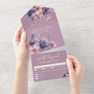 Purply pink flowers on All in One Wedding Invite