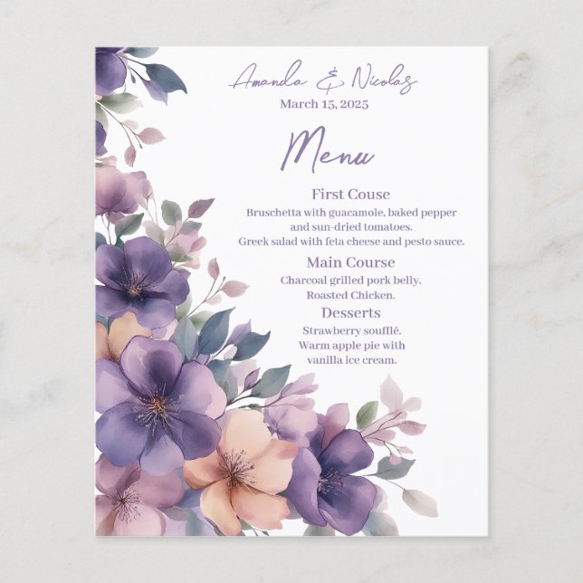 Purply pink wedding menu (Front)